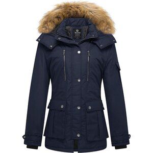 Women's Navy Winter Coat Warm Puffer Jacket With Removable Hood